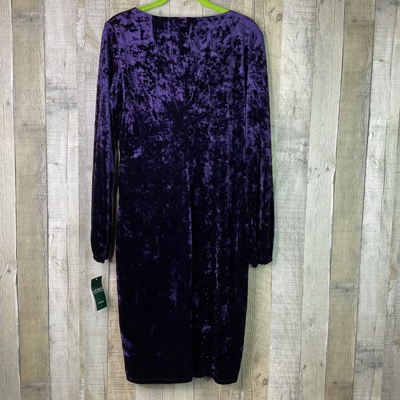 Lauren Ralph Lauren Size 12 Purple Velvet Sheath Surplice Faux Wrap Tie Dress - Picture 3 of 10